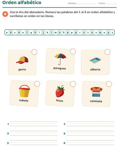 Vista previa de la hoja de Orden alfabético con Verano para grado 1