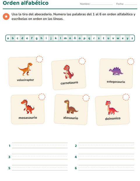 Vista previa de la hoja de Orden alfabético con Dinosaurios para grado 1