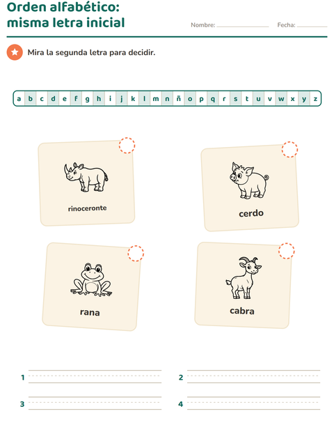 Vista previa de la hoja de Orden alfabético con Animales BN para grado 1
