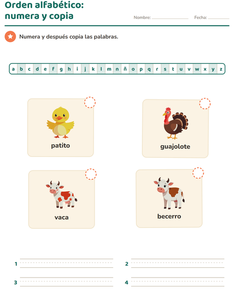Vista previa de la hoja de Orden alfabético con Animales de granja para grado 1