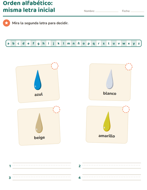 Vista previa de la hoja de Orden alfabético con Colores para grado 1