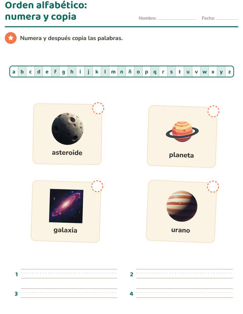 Vista previa de la hoja de Orden alfabético con Espacio para grado 1