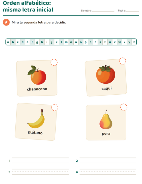 Vista previa de la hoja de Orden alfabético con Frutas para grado 1