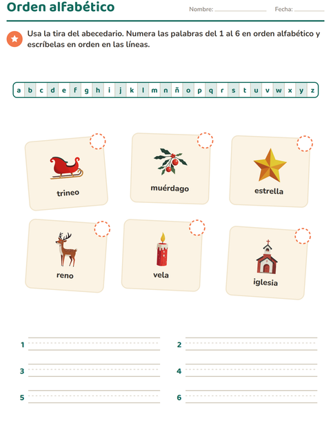 Vista previa de la hoja de Orden alfabético con Navidad para grado 1