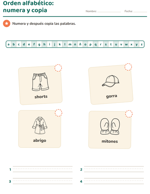 Vista previa de la hoja de Orden alfabético con Ropa BN para grado 1