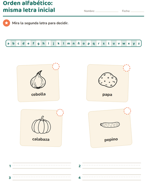 Vista previa de la hoja de Orden alfabético con Verduras BN para grado 1