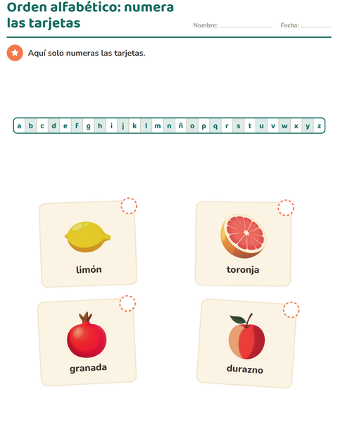 Orden alfabético: numera las cuatro tarjetas de frutas — primer grado