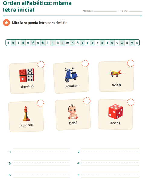 Vista previa de Orden alfabético cuando dos palabras empiezan igual: juguetes — primer grado