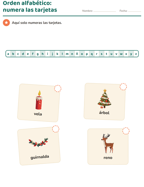 Vista previa de la hoja de Orden alfabético con Navidad para grado 1