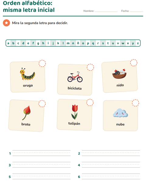 Vista previa de la hoja de Orden alfabético con Primavera para grado 1