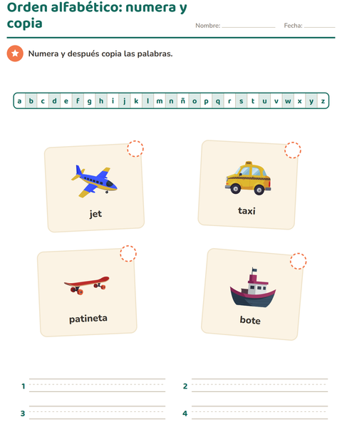 Orden alfabético: numera y después copia los vehículos — primer grado