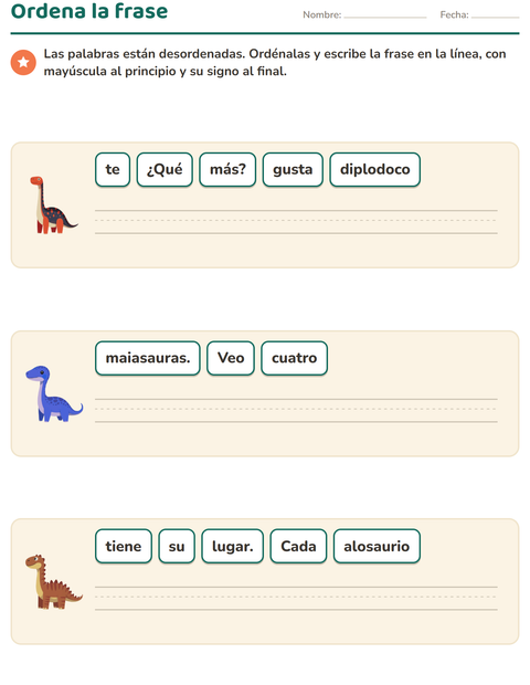 Vista previa de la hoja de Ordenar frases con Dinosaurios para grado 1