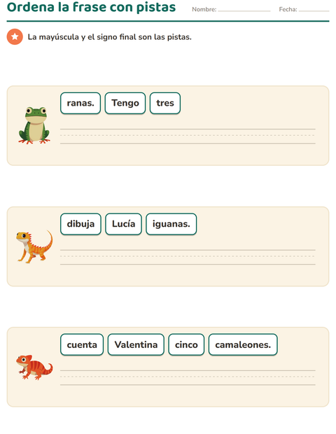 Vista previa de la hoja de Ordenar frases con Reptiles y anfibios para grado 1