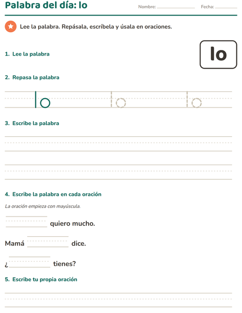Vista previa de la hoja de Palabras de uso frecuente para jardín infantil