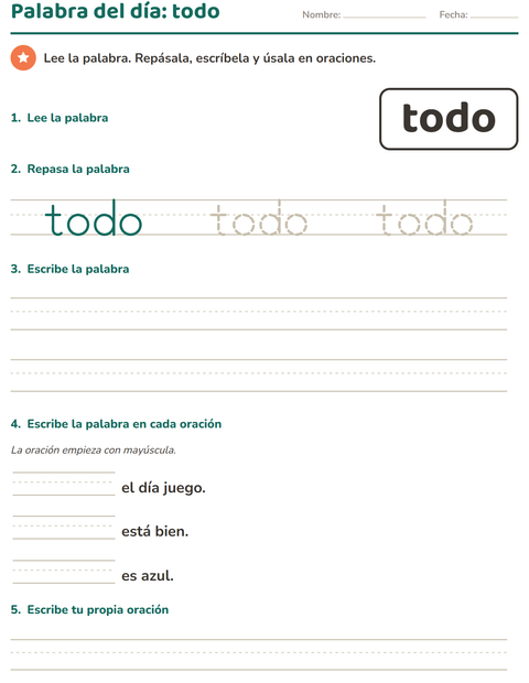 Vista previa de la hoja de Palabras de uso frecuente para jardín infantil