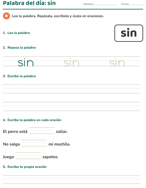 Vista previa de la hoja de Palabras de uso frecuente para jardín infantil