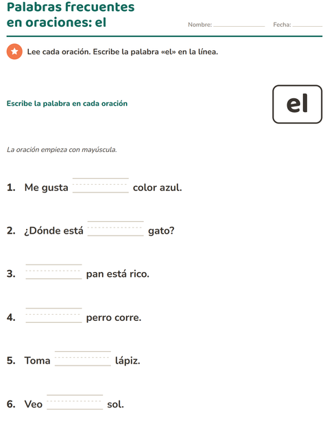 Vista previa de la hoja de Palabras de uso frecuente para jardín infantil
