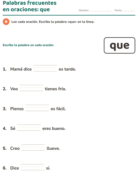 Vista previa de la hoja de Palabras de uso frecuente para jardín infantil