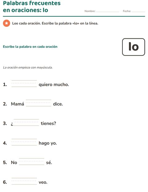 Vista previa de la hoja de Palabras de uso frecuente para jardín infantil