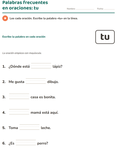 Vista previa de la hoja de Palabras de uso frecuente para jardín infantil