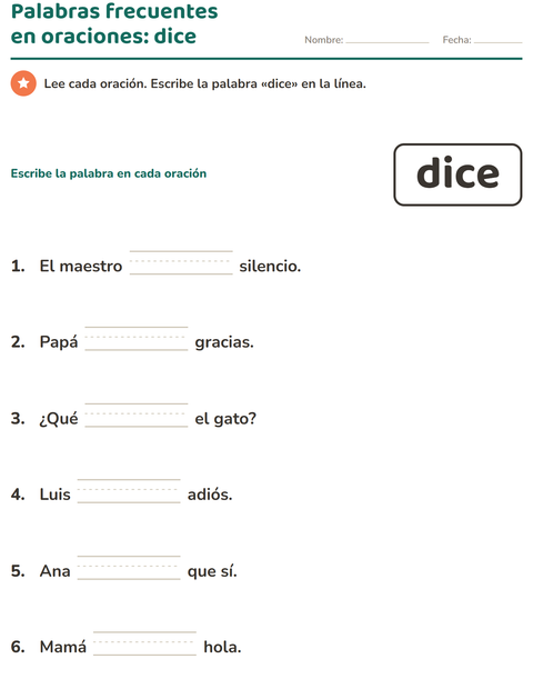Vista previa de la hoja de Palabras de uso frecuente para jardín infantil