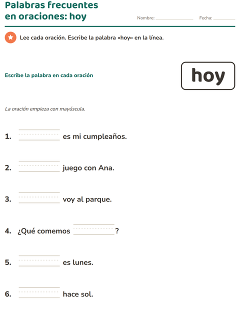 Vista previa de la hoja de Palabras de uso frecuente para jardín infantil