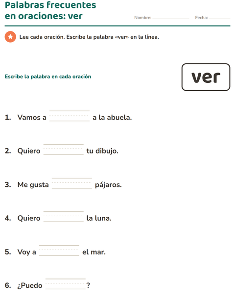 Vista previa de la hoja de Palabras de uso frecuente para jardín infantil