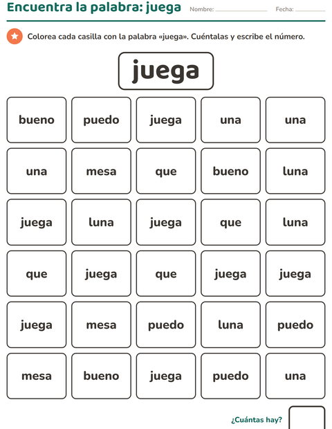 Vista previa de la hoja de Palabras de uso frecuente para jardín infantil