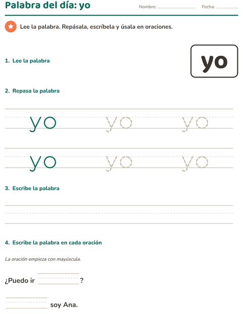 Vista previa de la hoja de Palabras de uso frecuente para jardín infantil