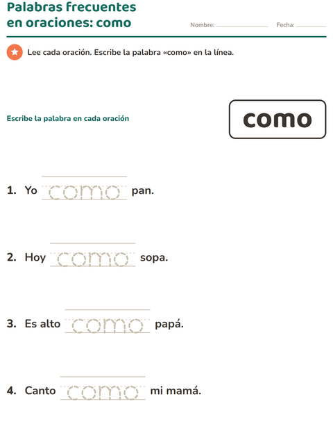 Vista previa de la hoja de Palabras de uso frecuente para jardín infantil