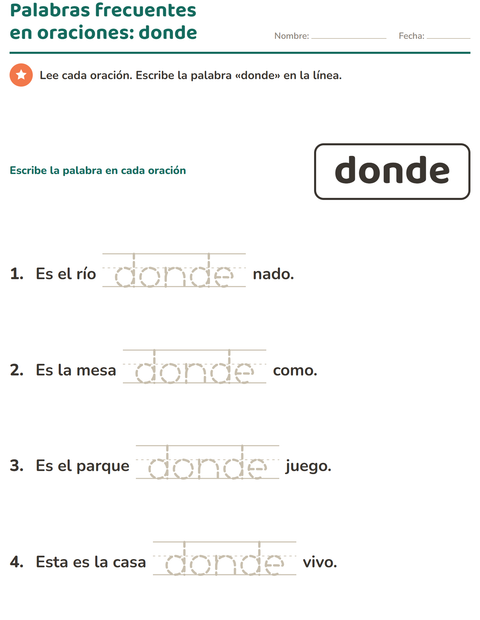 Vista previa de la hoja de Palabras de uso frecuente para jardín infantil