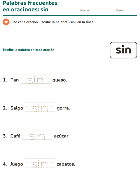 Vista previa de la hoja de Palabras de uso frecuente para jardín infantil