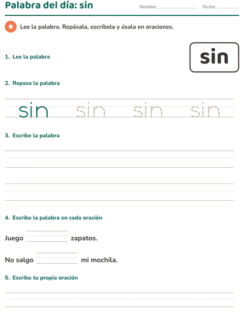 Vista previa de la hoja de Palabras de uso frecuente para jardín infantil