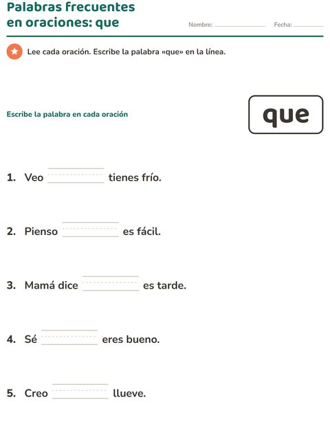 Vista previa de la hoja de Palabras de uso frecuente para jardín infantil