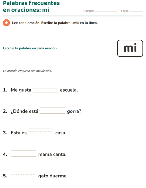 Vista previa de la hoja de Palabras de uso frecuente para jardín infantil