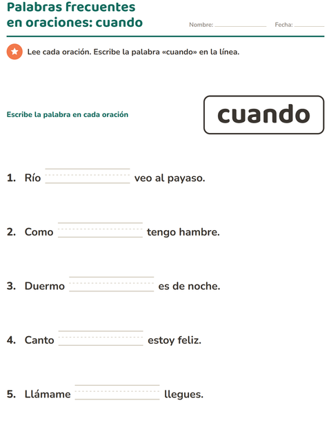 Vista previa de la hoja de Palabras de uso frecuente para jardín infantil