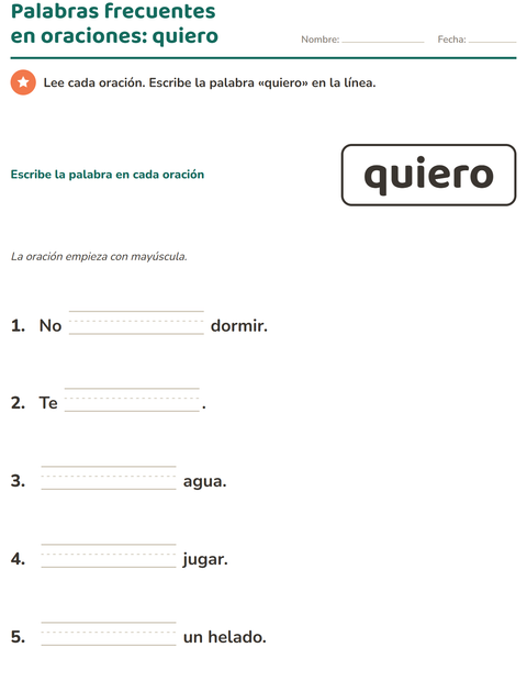 Vista previa de la hoja de Palabras de uso frecuente para jardín infantil
