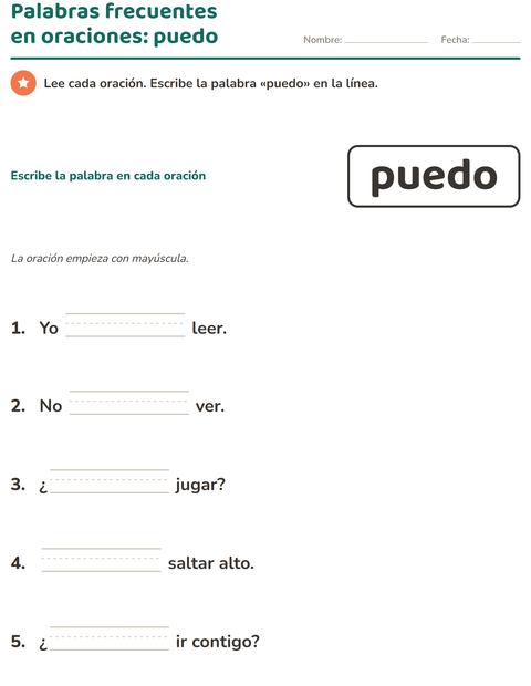 Vista previa de la hoja de Palabras de uso frecuente para jardín infantil