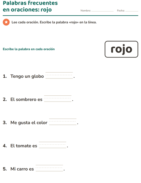 Vista previa de la hoja de Palabras de uso frecuente para jardín infantil