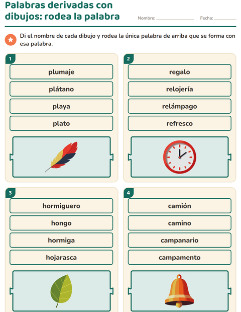Vista previa de la hoja de Palabras primitivas y derivadas para grado 1