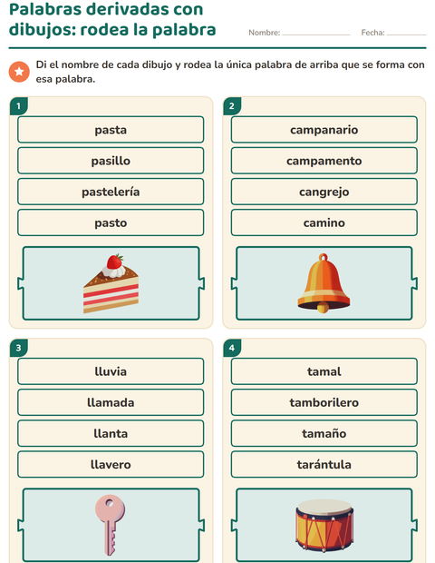 Vista previa de la hoja de Palabras primitivas y derivadas para grado 1