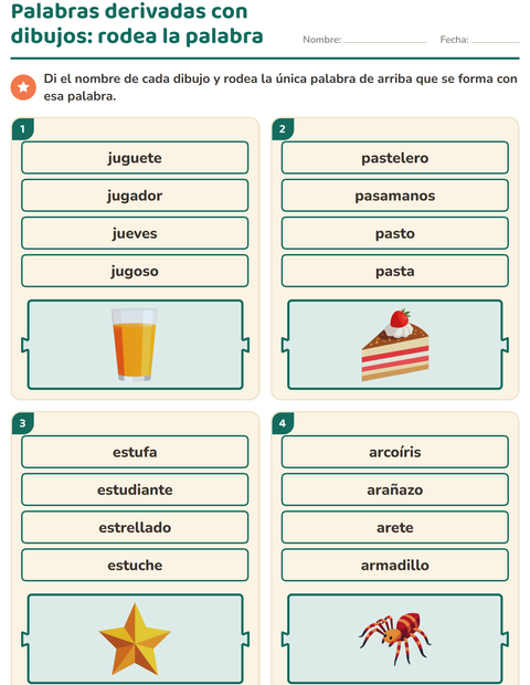 Vista previa de la hoja de Palabras primitivas y derivadas para grado 1