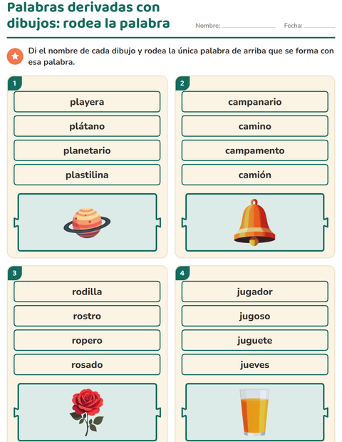 Vista previa de la hoja de Palabras primitivas y derivadas para grado 1