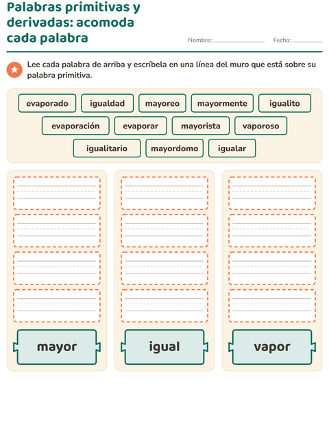 Vista previa de la hoja de Palabras primitivas y derivadas para grado 2