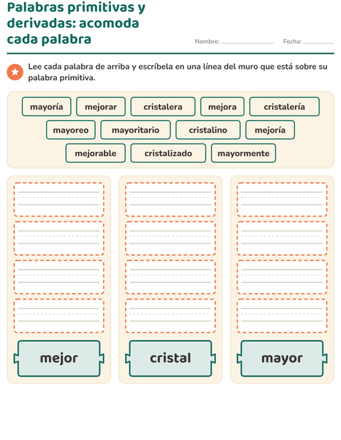 Vista previa de la hoja de Palabras primitivas y derivadas para grado 2