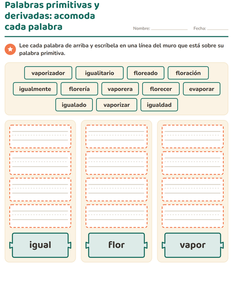 Vista previa de la hoja de Palabras primitivas y derivadas para grado 2