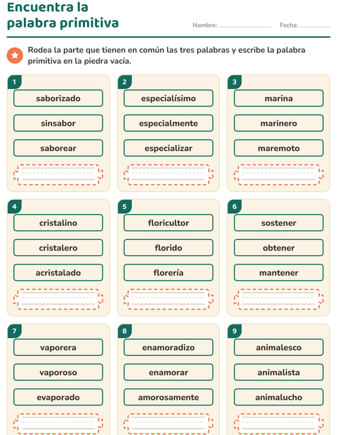 Vista previa de la hoja de Palabras primitivas y derivadas para grado 2