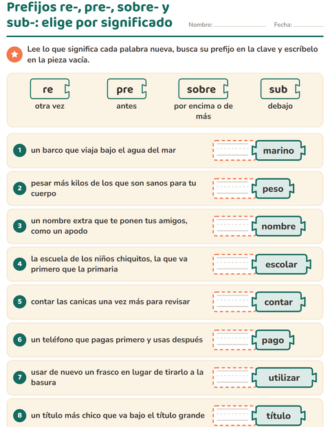Vista previa de la hoja de Palabras primitivas y derivadas para grado 2