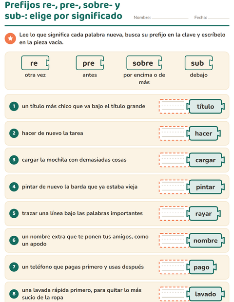 Vista previa de la hoja de Palabras primitivas y derivadas para grado 2