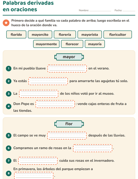 Vista previa de la hoja de Palabras primitivas y derivadas para grado 3
